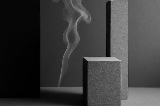 aus zwei geometrischen Blöcken und einer hohen Säule vor dunklem Hintergrund; dazwischen steigt eine weiche Rauchlinie nach oben und erzeugt einen ruhigen, architektonischen Kontrast im hochästhetischen Ombra-Celeste-Editorial-Stil.