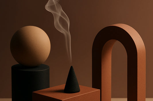würfelförmiger Block, eine beige Kugel auf einem dunklen Zylinder, ein großer gebogener Bogen und ein schräg gestelltes Keilelement; feiner Rauch steigt elegant nach oben und erzeugt eine ruhige, moderne Editorial-Atmosphäre im Ombra-Celeste-Stil.