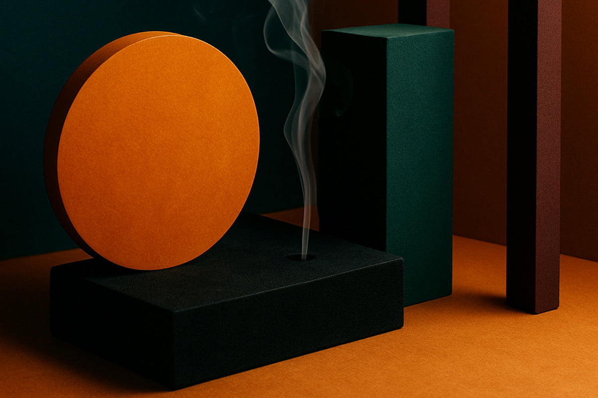 Abstrakte geometrische Szene aus Kreis, Block und Bogen in tiefem Petrol, dunklem Burgunder und warmem Orange; feiner, aufsteigender Rauch bildet weiche Linien zwischen den Formen, Atmosphäre im Ombra-Celeste-Stil.
