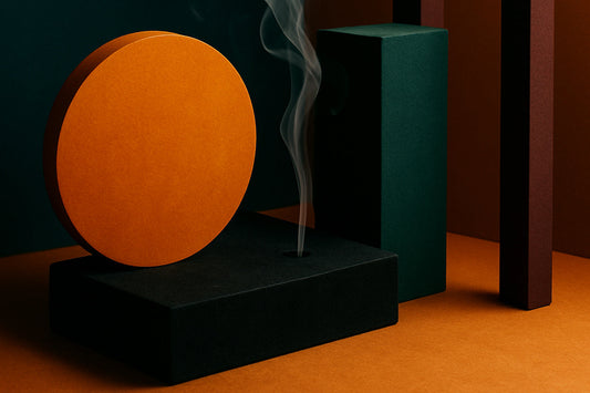 Abstrakte geometrische Szene aus Kreis, Block und Bogen in tiefem Petrol, dunklem Burgunder und warmem Orange; feiner, aufsteigender Rauch bildet weiche Linien zwischen den Formen, Atmosphäre im Ombra-Celeste-Stil.