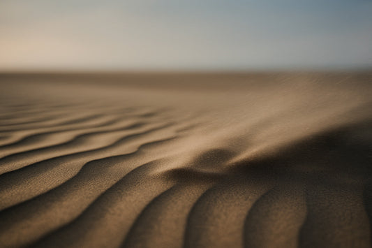 Feine, von Wind gezeichnete Sandlinien unter warmem, goldenem Licht. Der Wind hebt einzelne Körner an und erzeugt eine sanfte, bewegte Spur über den welligen Strukturen der Dünen.