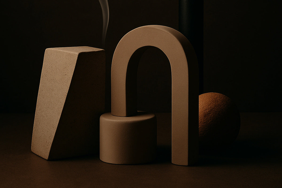 ein zylindrischer Sockel, eine matte schwarze Säule und eine kugelförmige Struktur im Hintergrund; feiner Rauch steigt aus dem oberen Bildbereich auf und erzeugt eine ruhige, skulpturale Atmosphäre im minimalistischen Editorial-Stil.