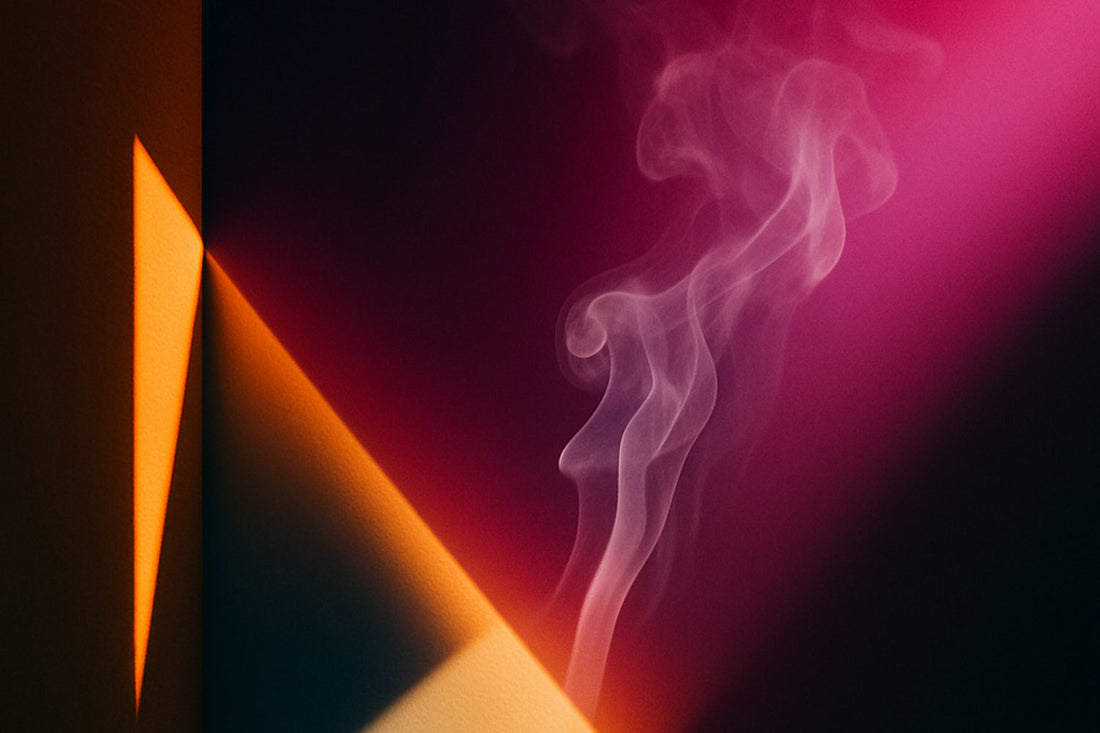 Abstrakte Editorial-Komposition aus Licht, Farbe und Rauch: ein scharfes, goldenes Dreieck trifft auf tiefes Petrol, während ein magentafarbener Lichtkegel und aufsteigende, transparente Rauchlinien