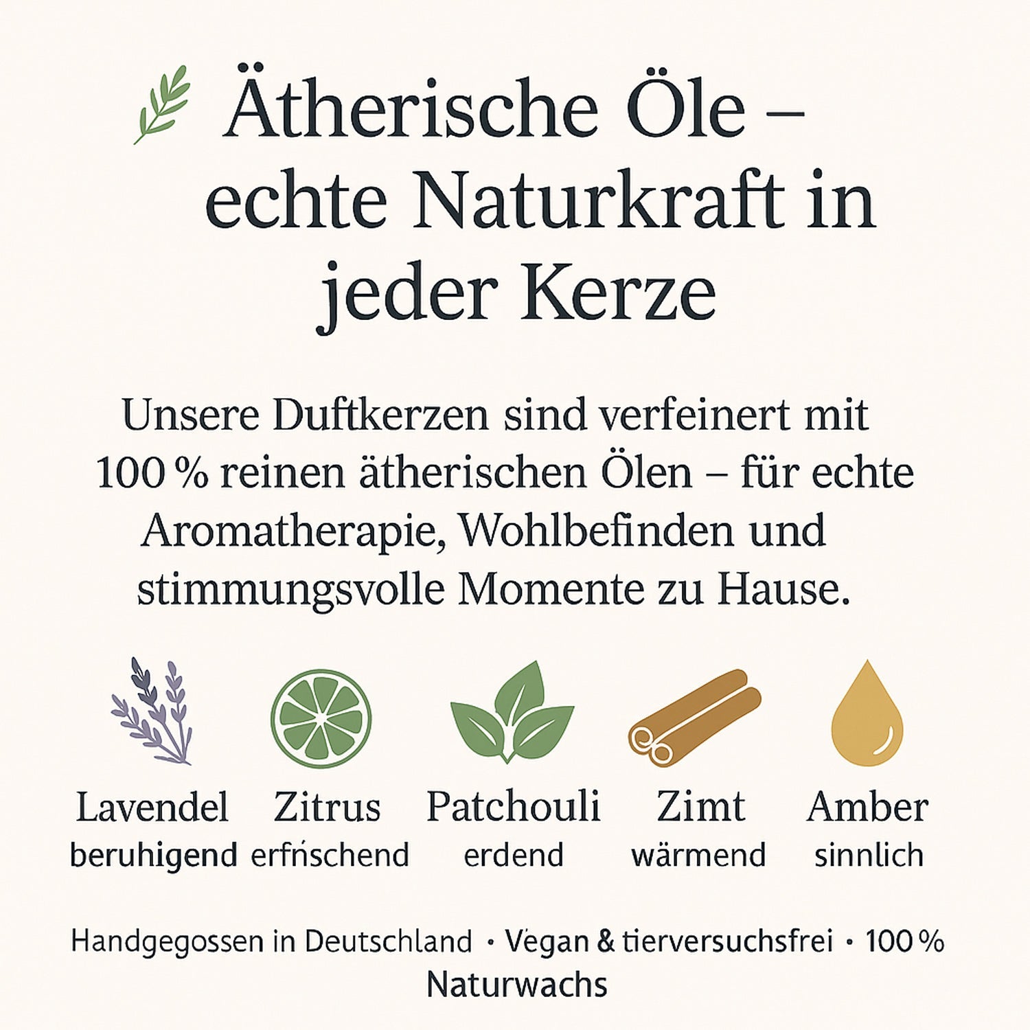 Infobild: Wirkung ätherischer Öle in natürlichen Duftkerzen - Lavendel beruhigend, Zitrus erfrischend, Patschuli erdend, Zimt wärmend, Amber sinnlich - vegane Kerzen mit Naturwachs von Ombra Celeste.