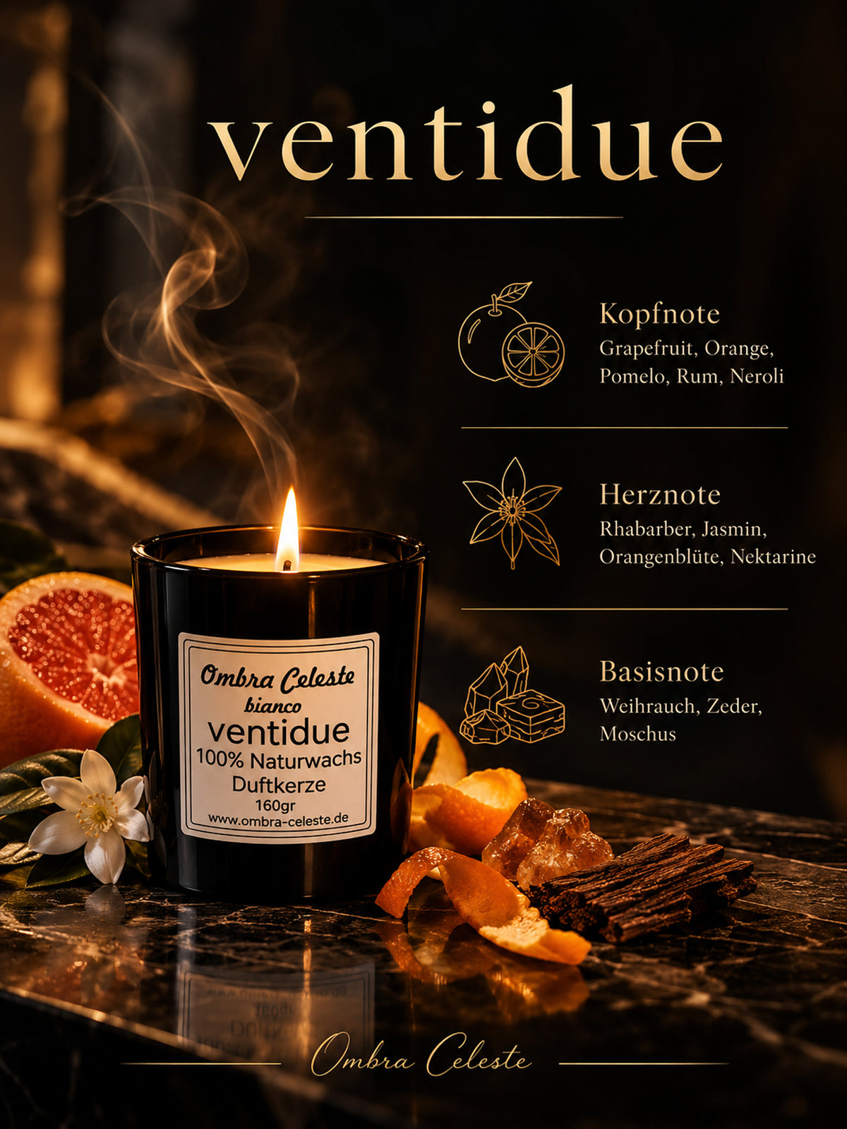Duftnoten von ventidue: Grapefruit, Rhabarber, Neroli, Weihrauch