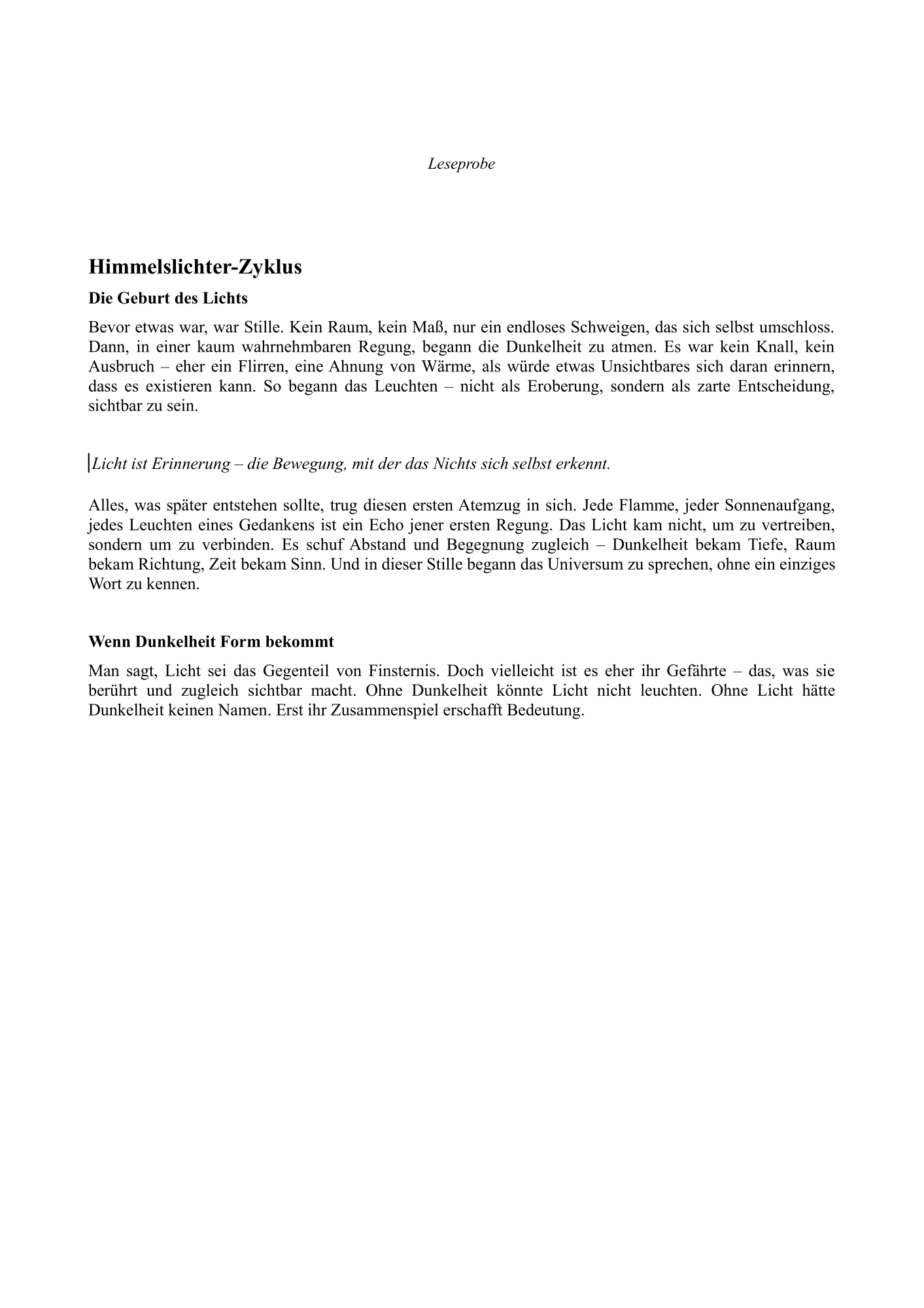 Leseprobe – Der Raum dazwischen – Seite 1 – Himmelslichter-Zyklus · Die Geburt des Lichts