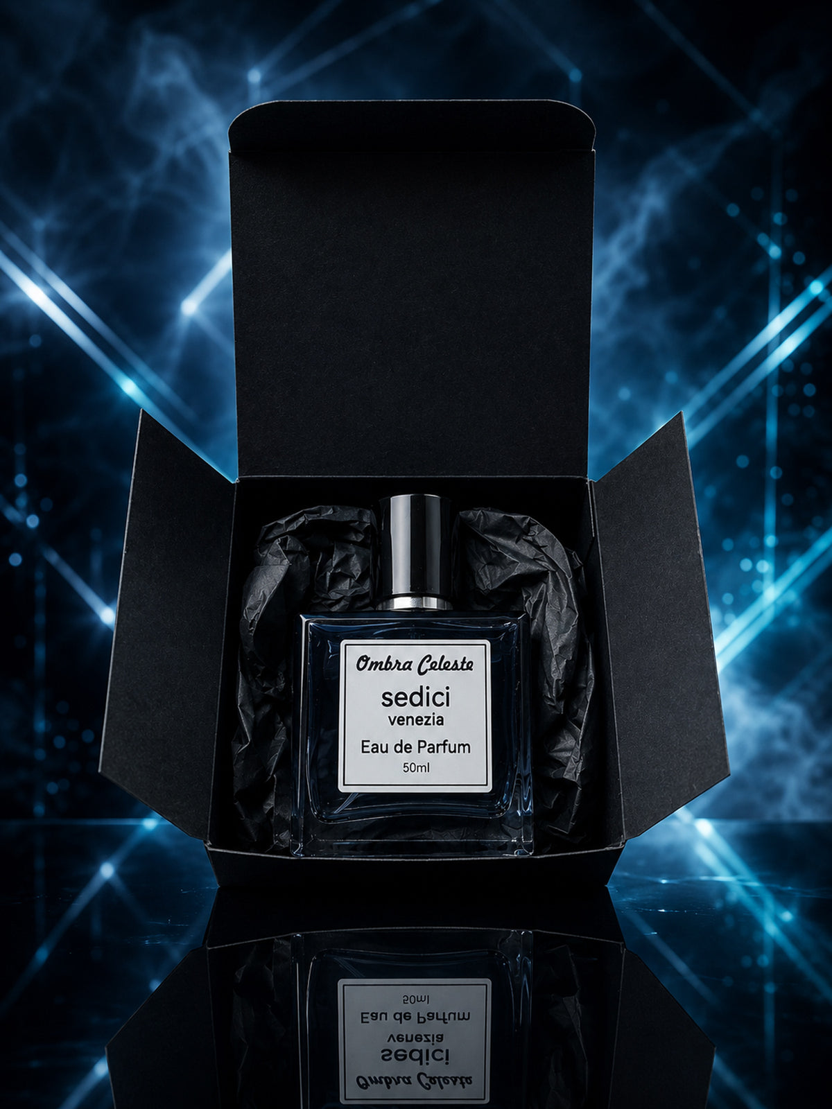 Ombra Celeste sedici Eau de Parfum 50 ml – geöffnete schwarze Geschenkverpackung mit Parfumflakon