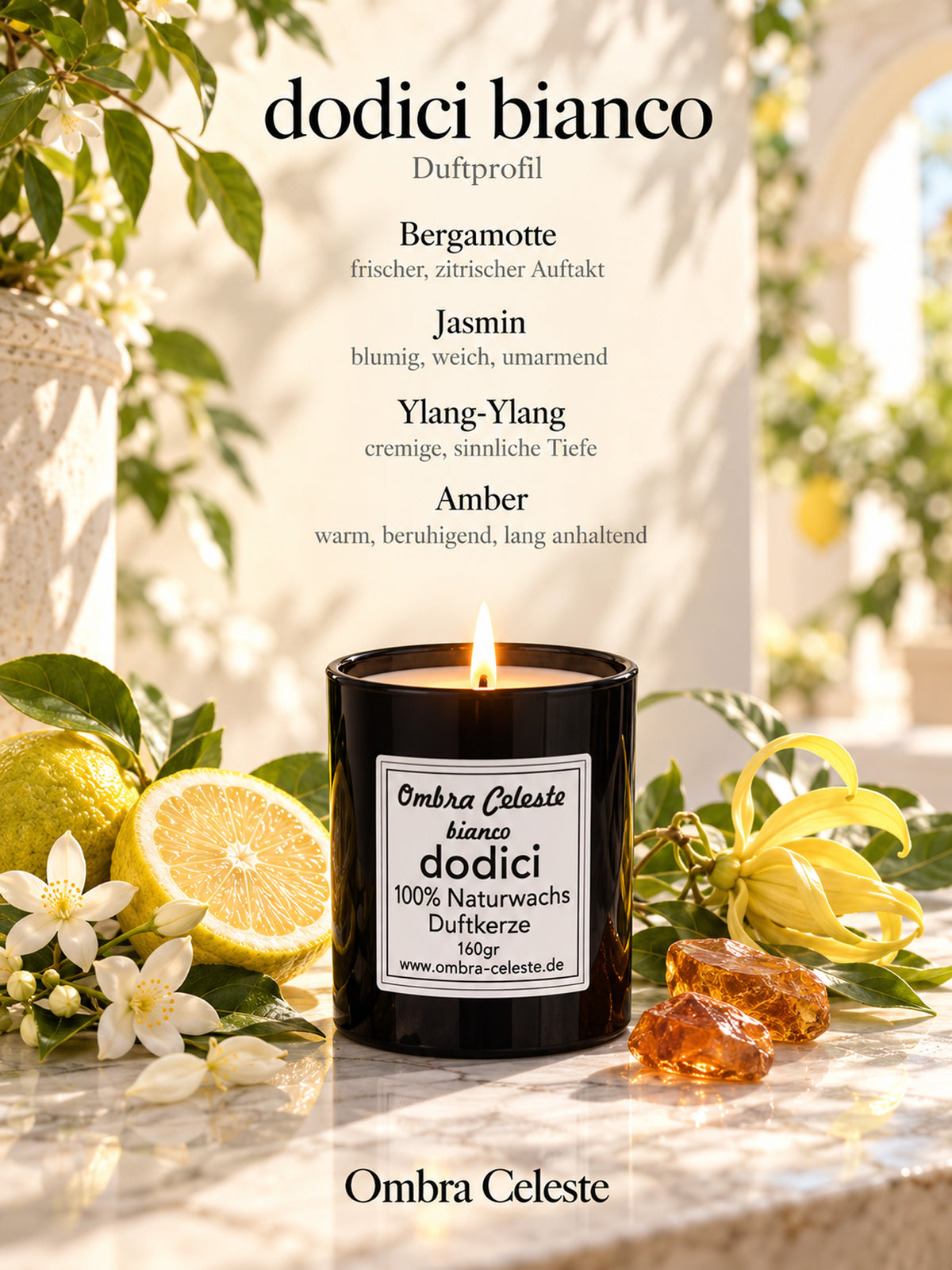 Ombra Celeste  Duftkerze dodici bianco - Bergamotte, Jasmin, Ylang-Ylang, Amber - vegan