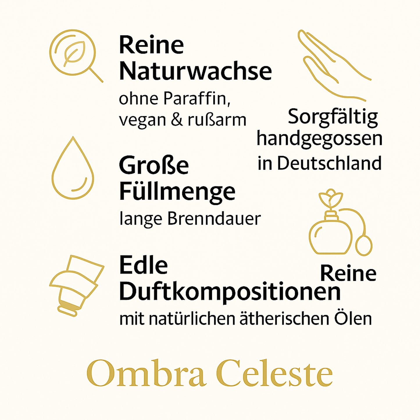 Grafik mit sechs Icons zu Ombra Celeste: Naturwachs, ätherische Öle, gute Filtrierung, vegane Herstellung u. a.
