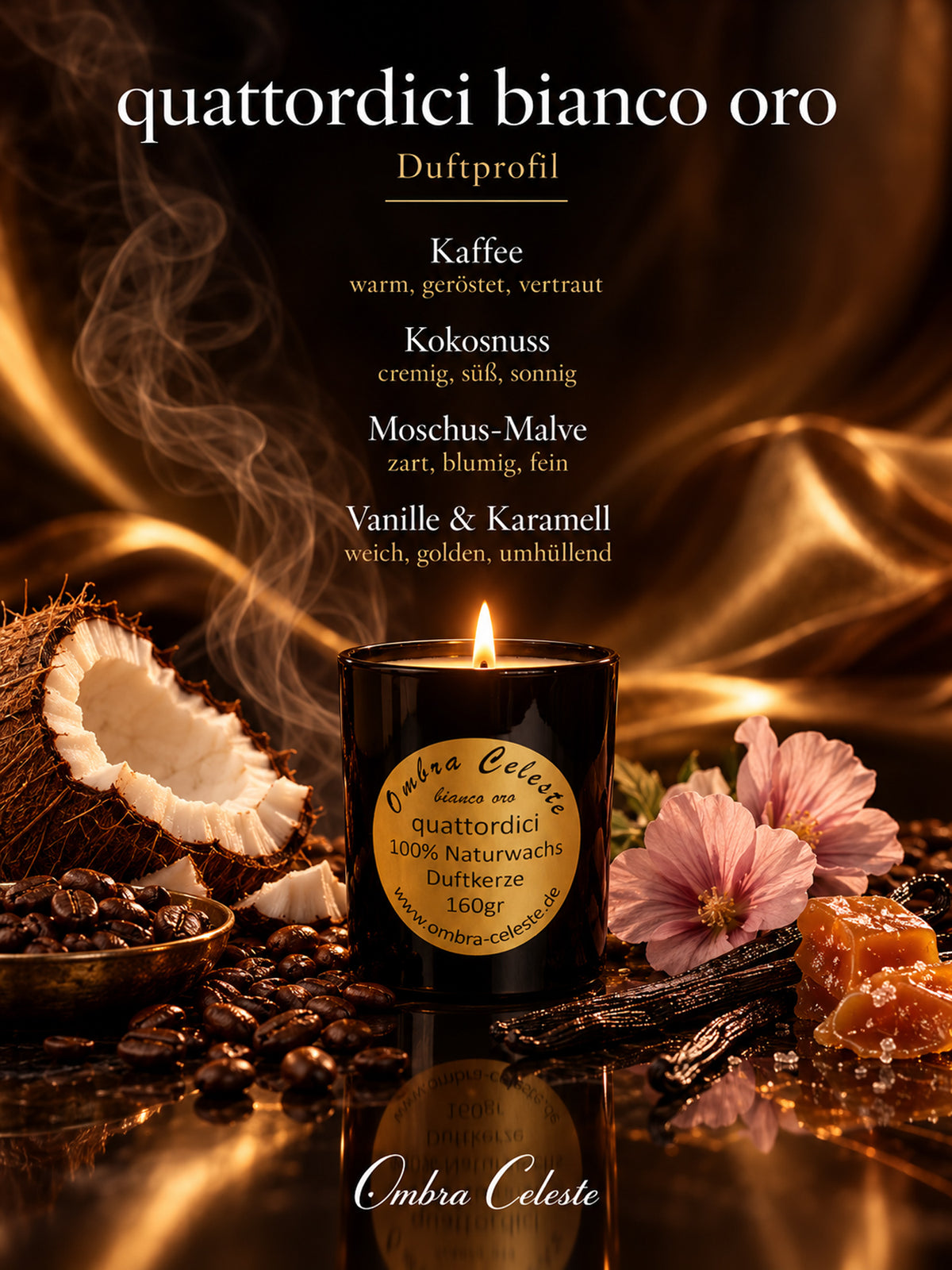 Duftnoten von quattordici bianco oro: Kaffee, Kokosnuss, Malve, Vanille
