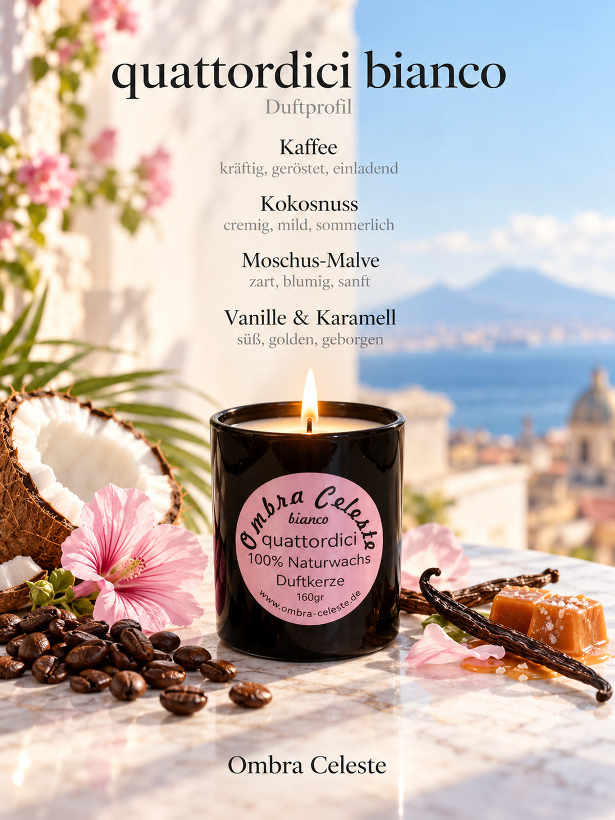 Duftnoten von quattordici bianco: Kaffee, Kokosnuss, Malve, Vanille