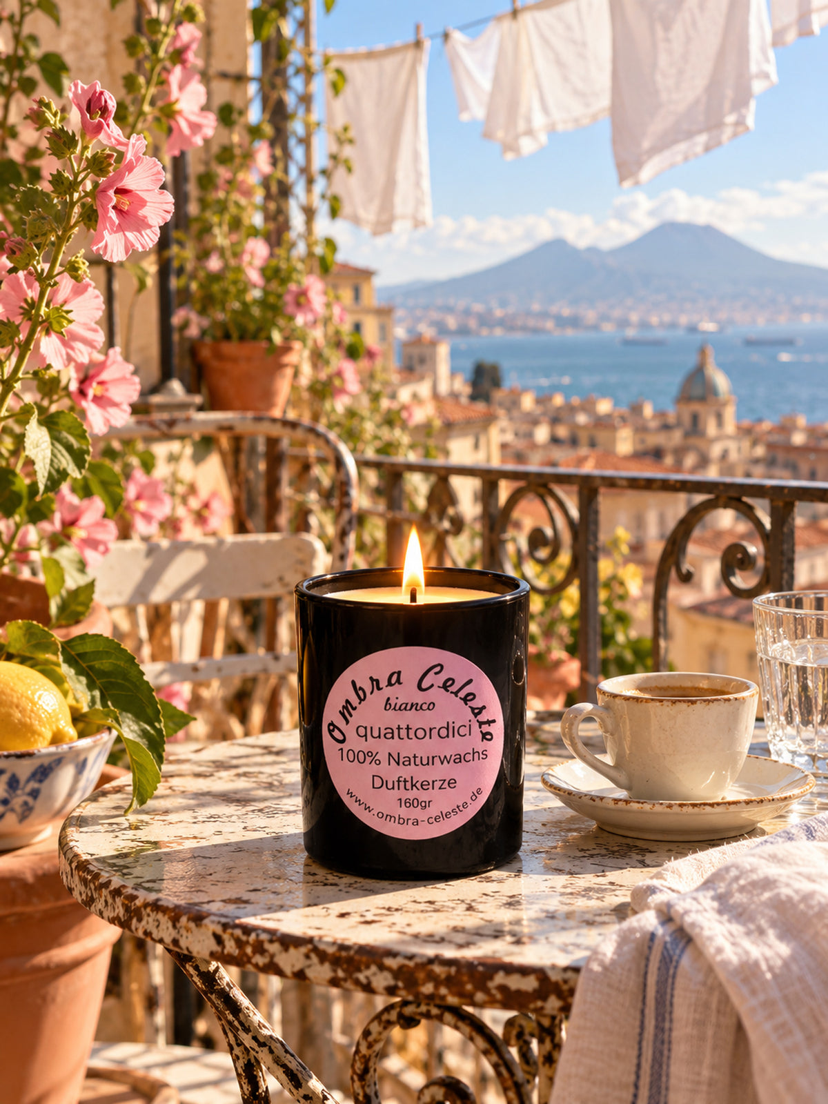 Duftkerze quattordici bianco auf einem Balkon mit Blick auf den Vesuv