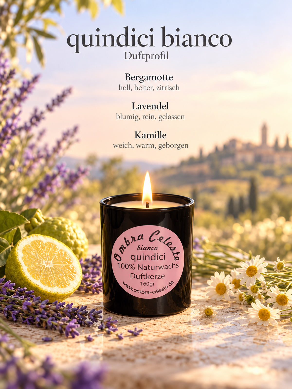Duftnoten von quindici bianco: Bergamotte, Lavendel, Kamille
