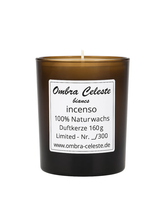 Ombra Celeste bianco Incenso – limitierte Duftkerze, 160 g, Glas amber, schwarzes Label