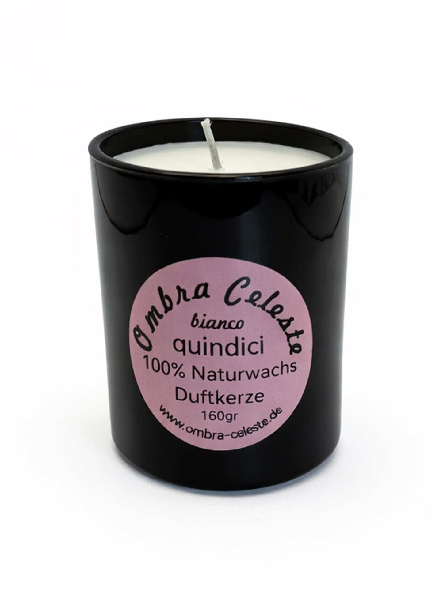 Vegane Duftkerze Ombra Celeste quindici mit Bergamotte, Lavendel, Kamille im schwarzen Glas, handgegossen in Deutschland.