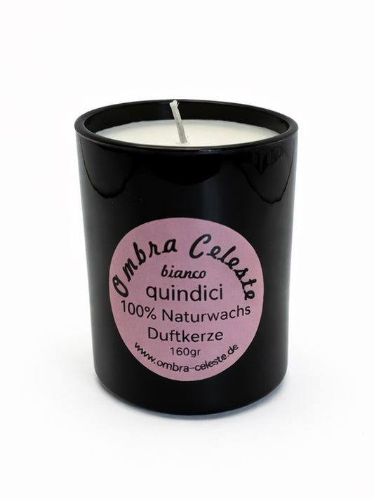 Vegane Duftkerze Ombra Celeste quindici mit Bergamotte, Lavendel, Kamille im schwarzen Glas, handgegossen in Deutschland.