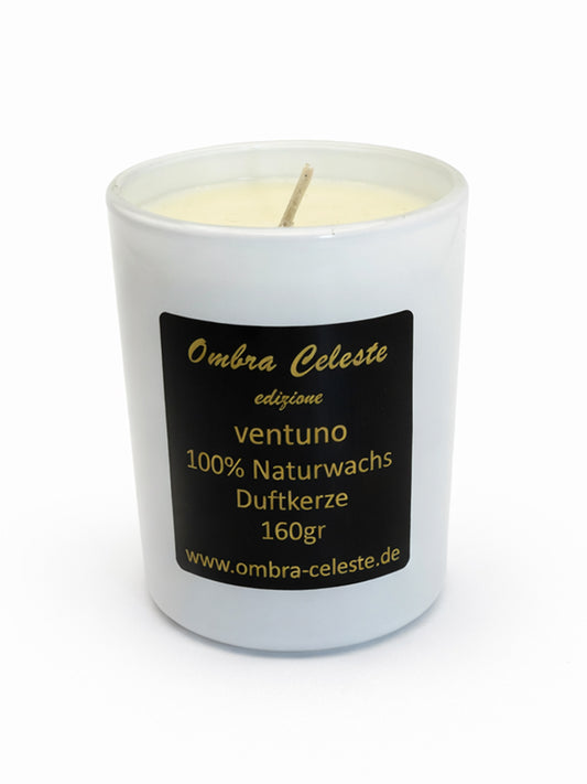 Ombra Celeste Duftkerze ventuno – Honig, Amber, Tabak, Patschuli – vegan 160g Sojawachs mit ätherischen Ölen.