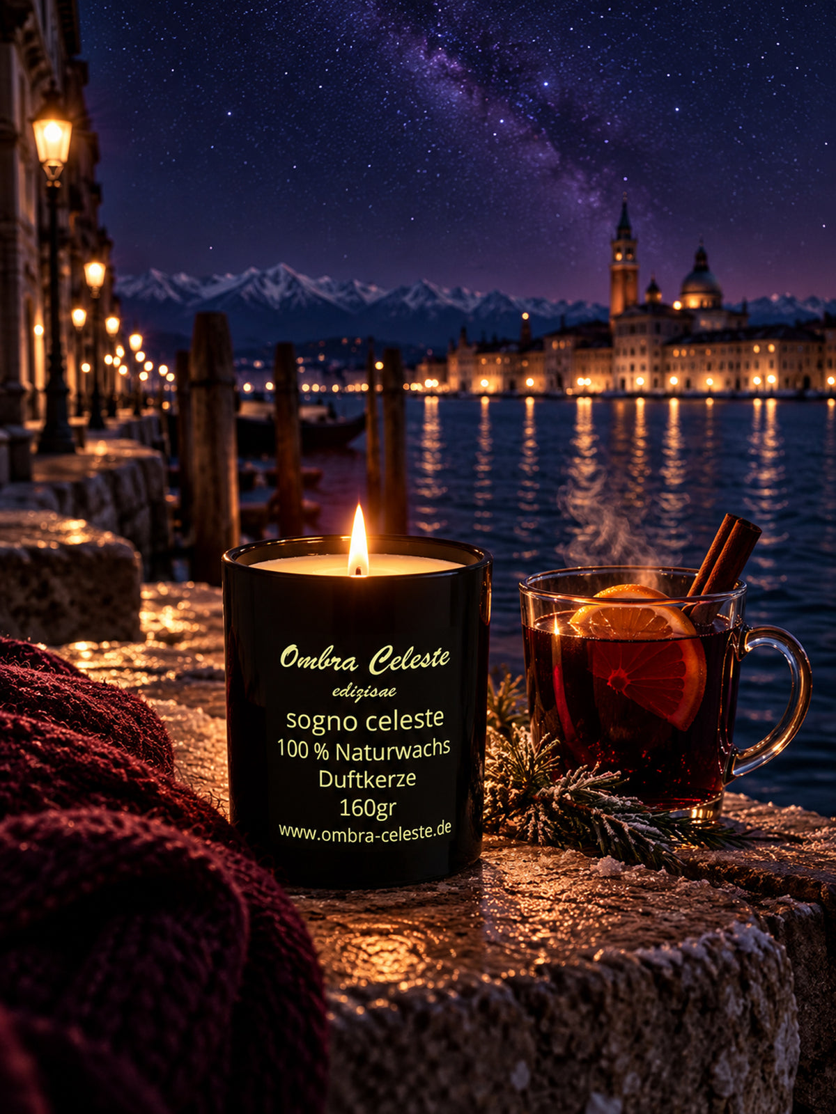 Duftkerze sogno celeste in einer Winternacht am Wasser in Venedig